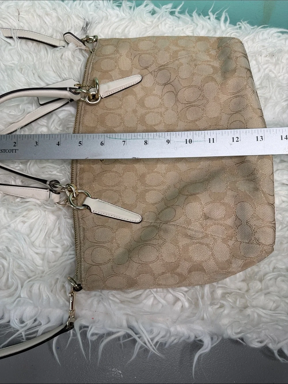 Authentic Coach Beige Canvas Signature Satchel with White Trim